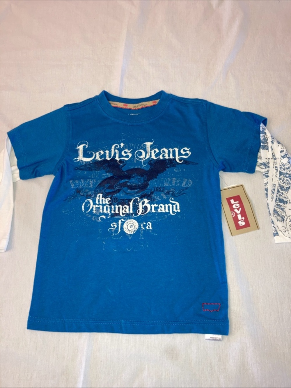 Levi's Blue Layered-Look Graphic Tee with Cream Sleeve Details size 4 NWT